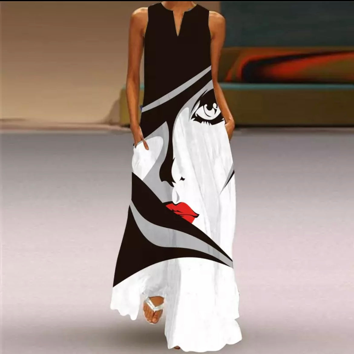 Maxi Summer Dress - White and Black Images