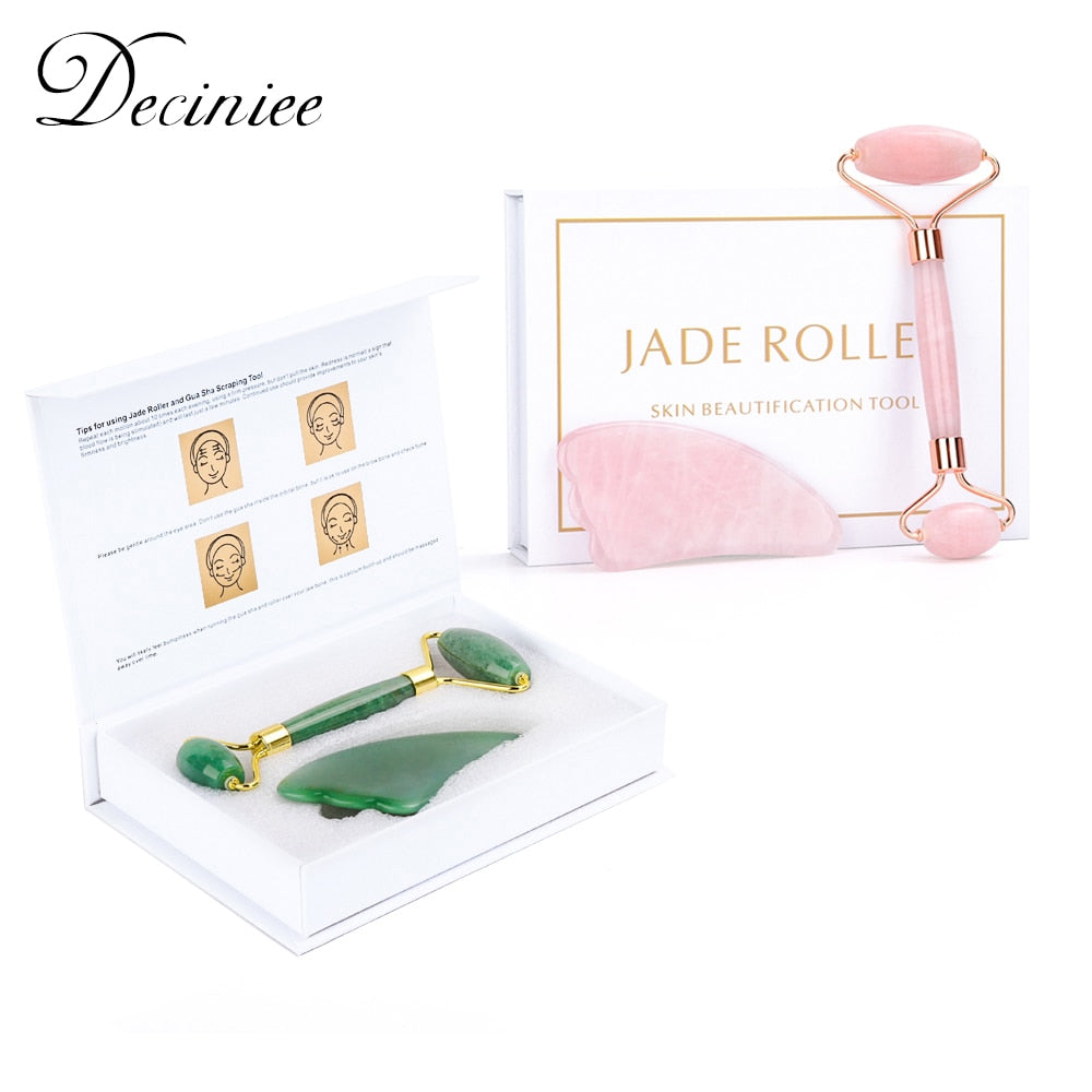 Natural Rose Quartz or Jade Roller Stone &  Gua Sha Scraper