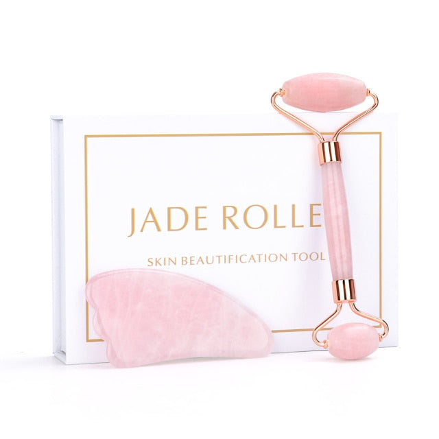 Natural Rose Quartz or Jade Roller Stone &  Gua Sha Scraper