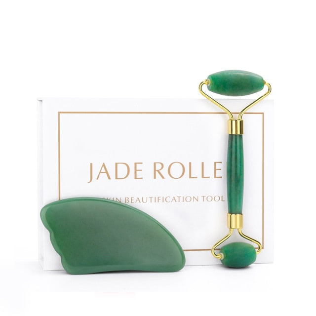 Natural Rose Quartz or Jade Roller Stone &  Gua Sha Scraper